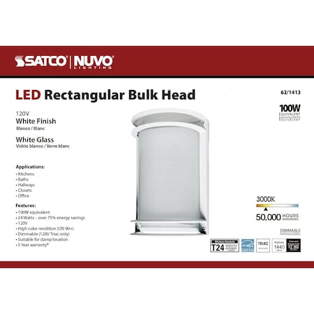 LED Rectangular Bulk Head Fixture - White Finish With White Glass